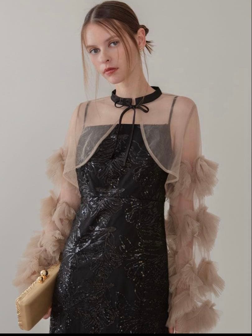 leja フリルチュールスリーブリボンIラインワンピースドレス M ブラック