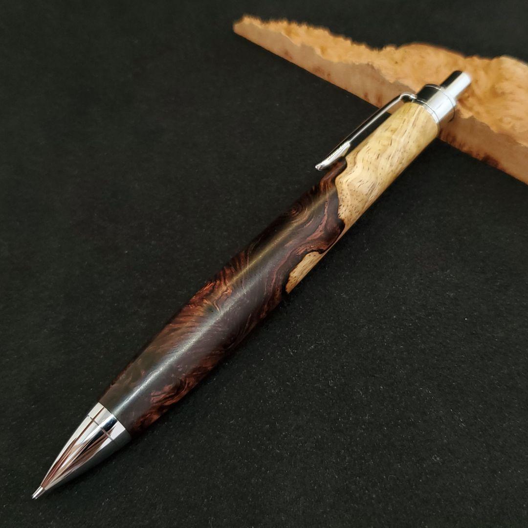 No.27ハンドメイド木軸シャーペンロースウッド瘤蜜蝋ワックス仕上げ