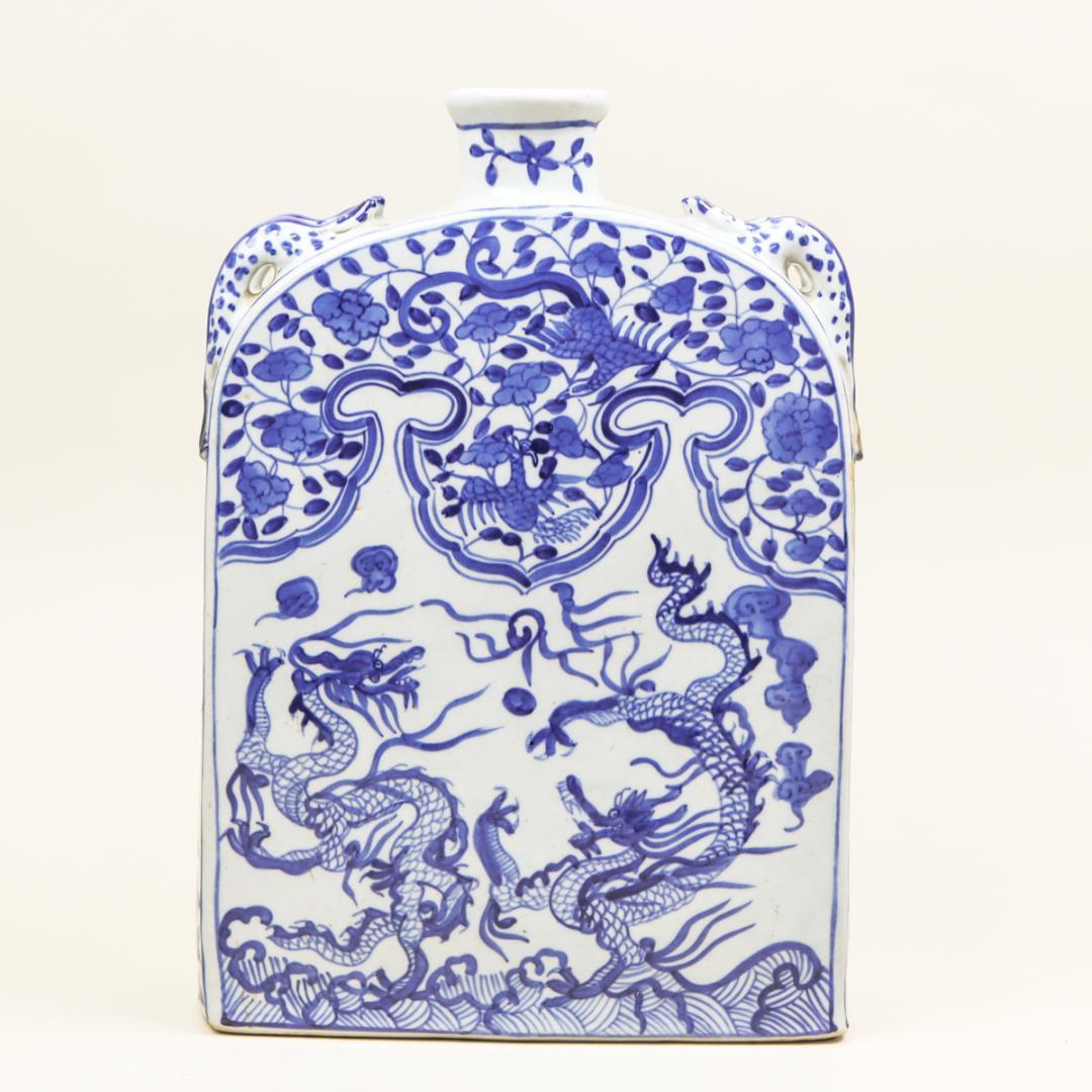 青花瓷 龍鳳凰紋双耳扁壺 飾り壺 花瓶