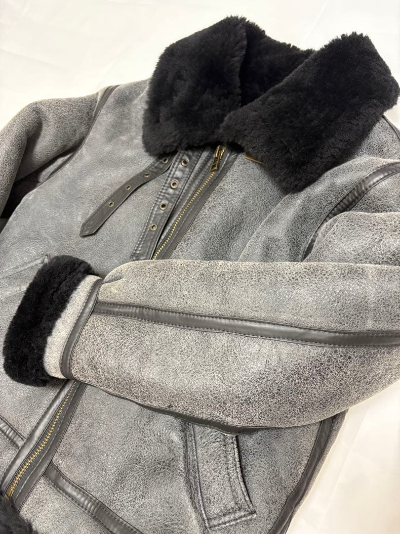 羊革　フライト　レザー　ムートン　B-3 ライダース　ジャケット　短丈　黒