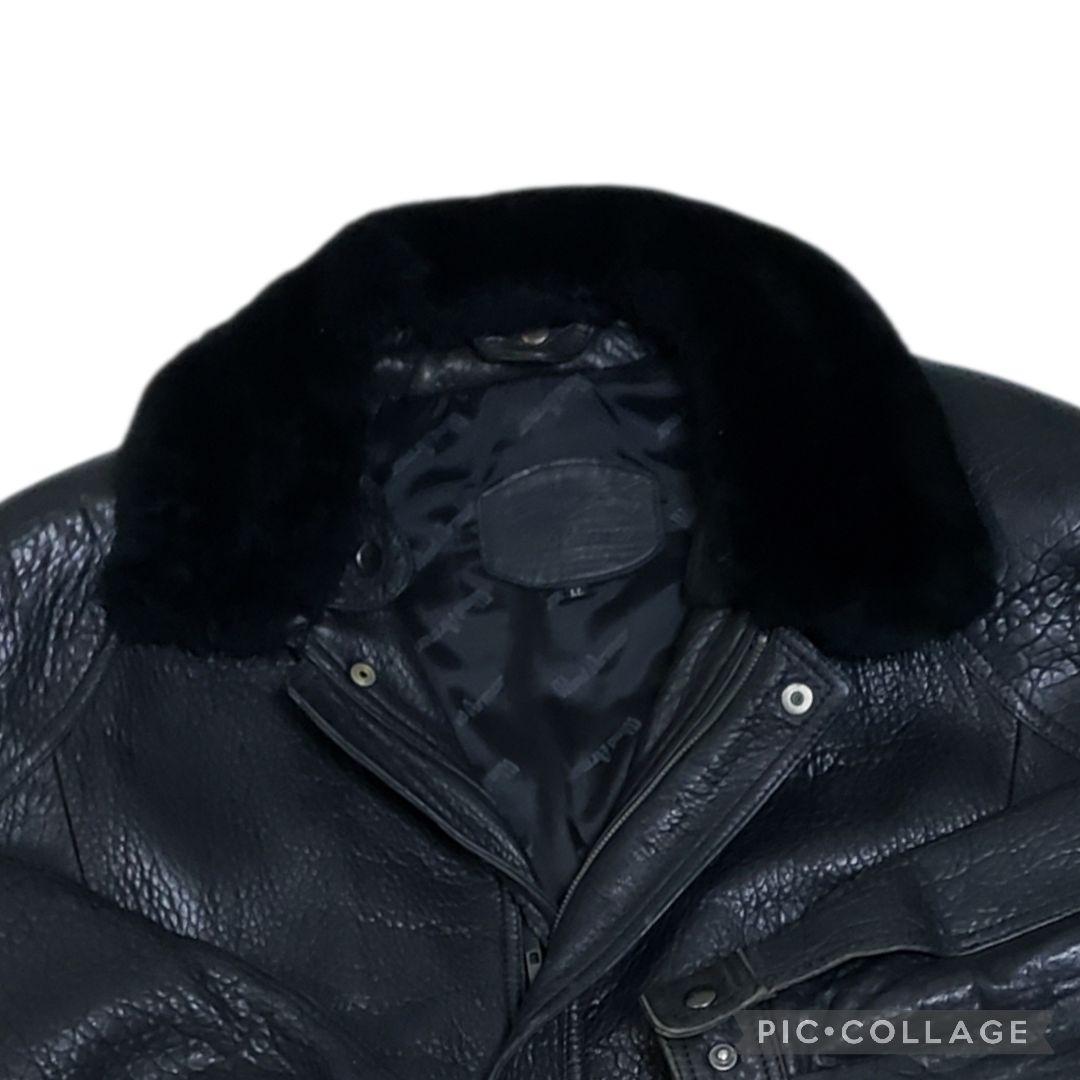羊シボ革　短丈　A-2 G-1モチーフ　シングルライダース黒　襟ボア取外可　LL