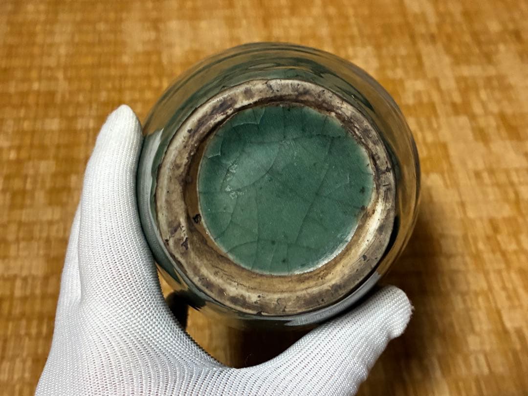 中国 緑色の陶器製 壺 花入 唐物