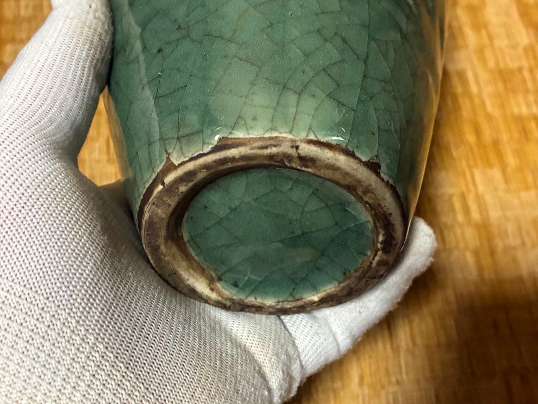 中国 緑色の陶器製 壺 花入 唐物