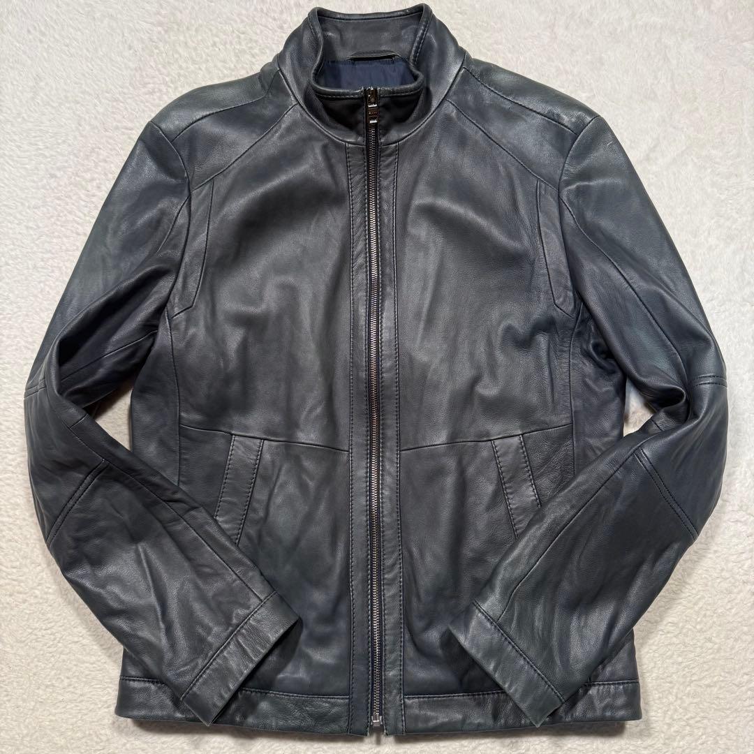 希少カラー ネイビー系 ヒューゴボス シングルライダースジャケット 羊革 M相当