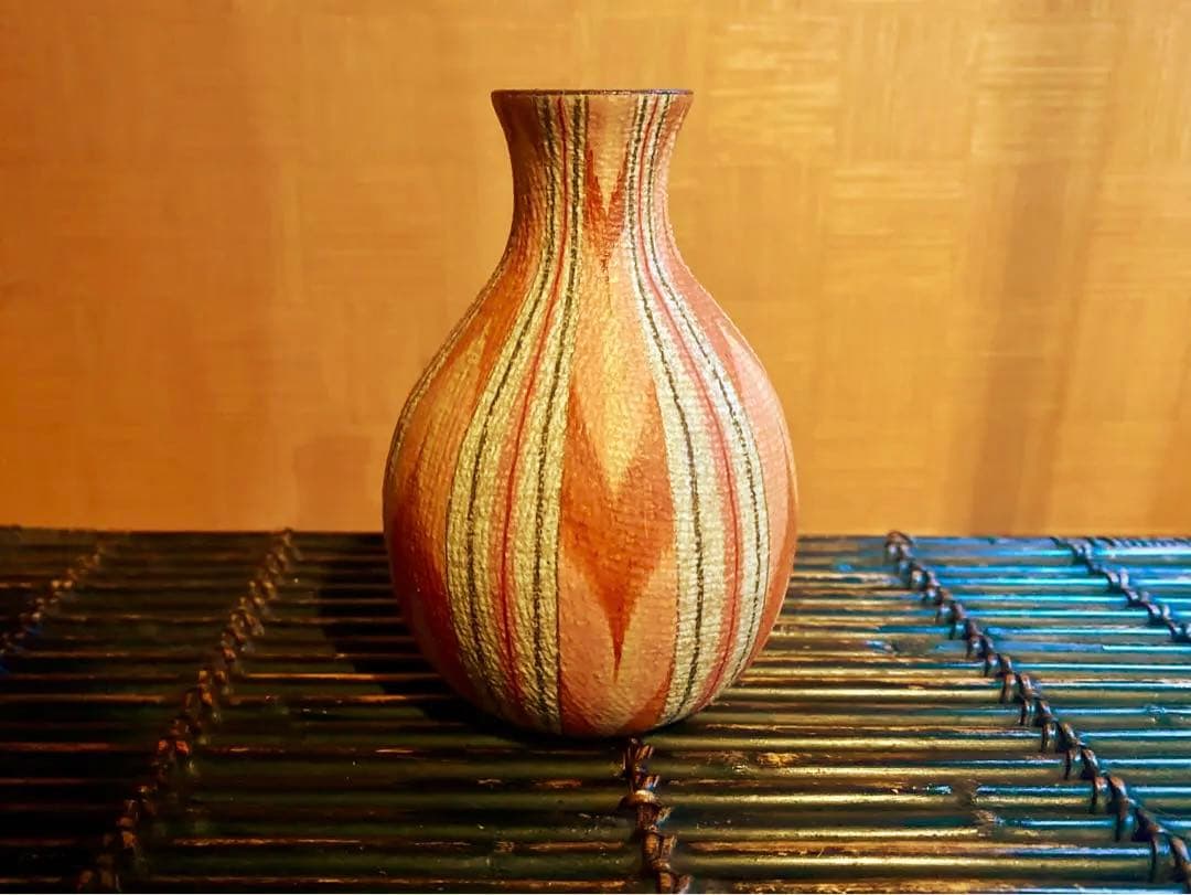 極上！福野道隆作優美な繊細画の《赤絵絣文》（検笠間焼花器徳利ルーシーリー