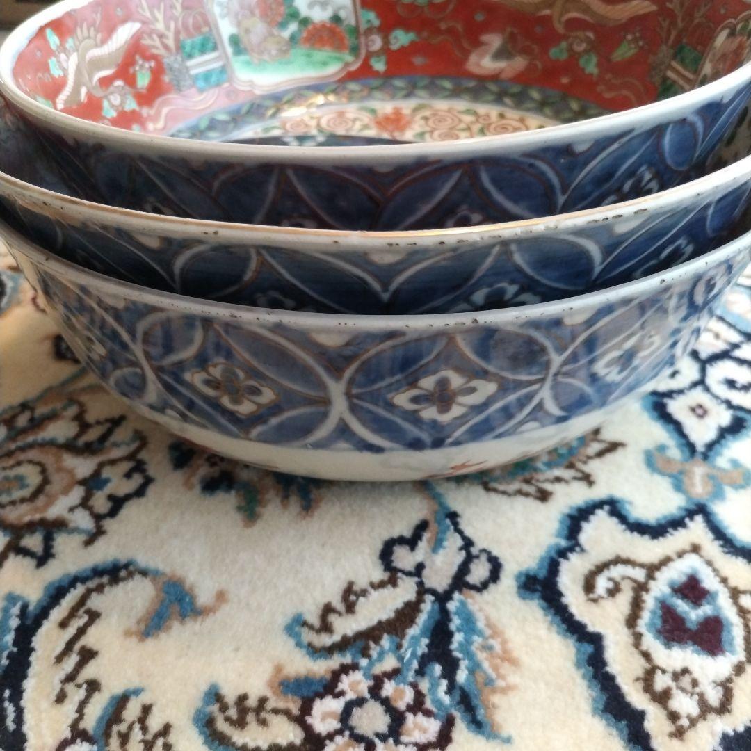 時代 色絵 三組 鉢 骨董 江戸 アンティーク 雪輪 古伊万里 大聖寺伊万里