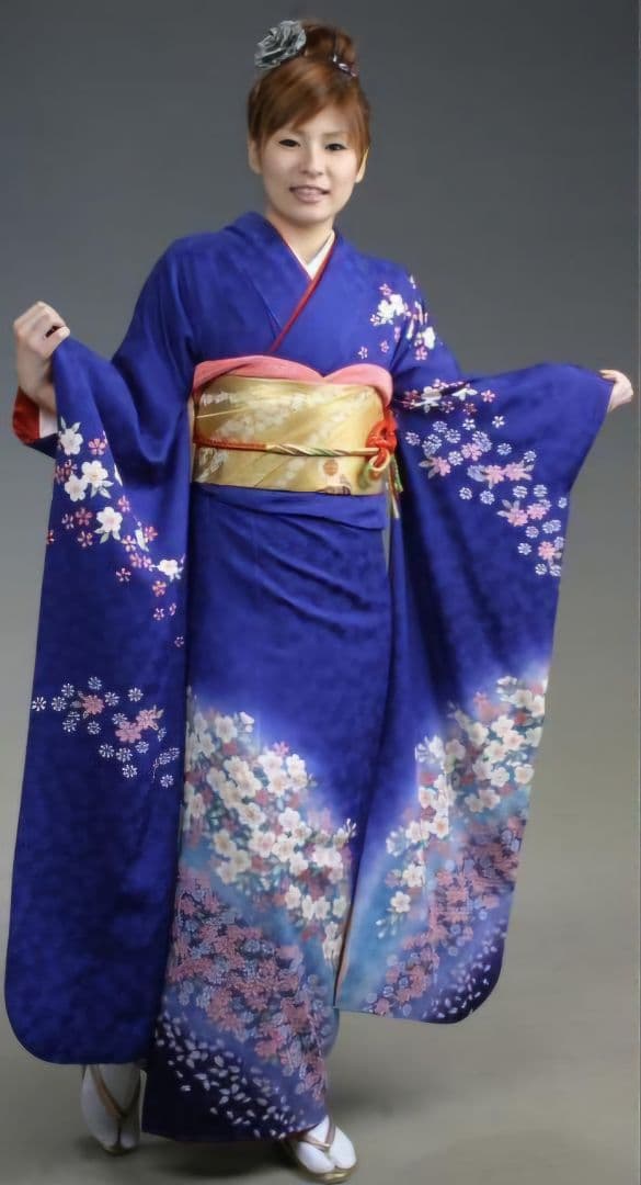 未使用に近い フルセット 正絹振袖 ラメ入ブルー桜柄 成人式 卒業式に最適