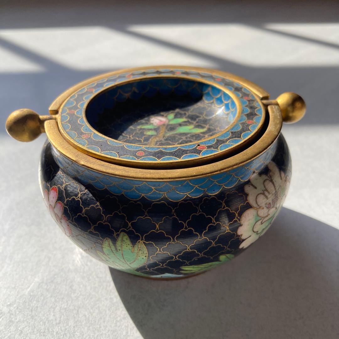 七宝焼　漆器 香合 蓋付き 花柄