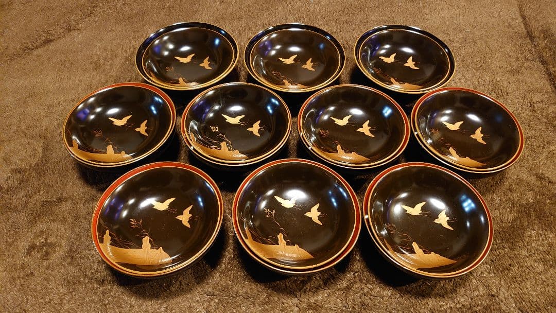 輪島塗　金蒔絵　蒔絵　波千鳥　蓋椀　１０客