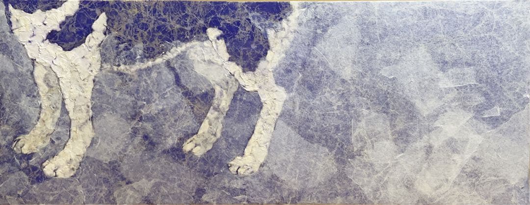 日本画　三枚セット　和紙　青　犬　人物　人