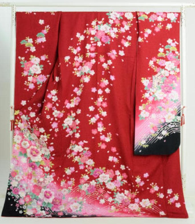 【中古品】成人式・卒業式・振袖 「赤梅ボタン」b270　身長 150〜168cm
