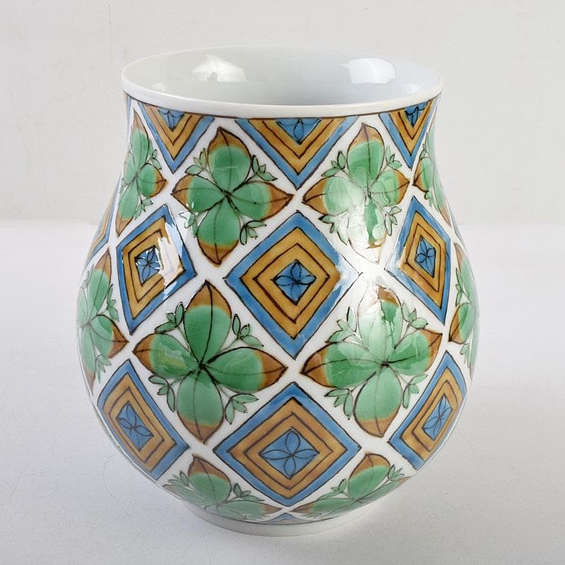 九谷焼　宮川哲爾造　色絵草花更紗文　花器　共布共箱　M　R9235B