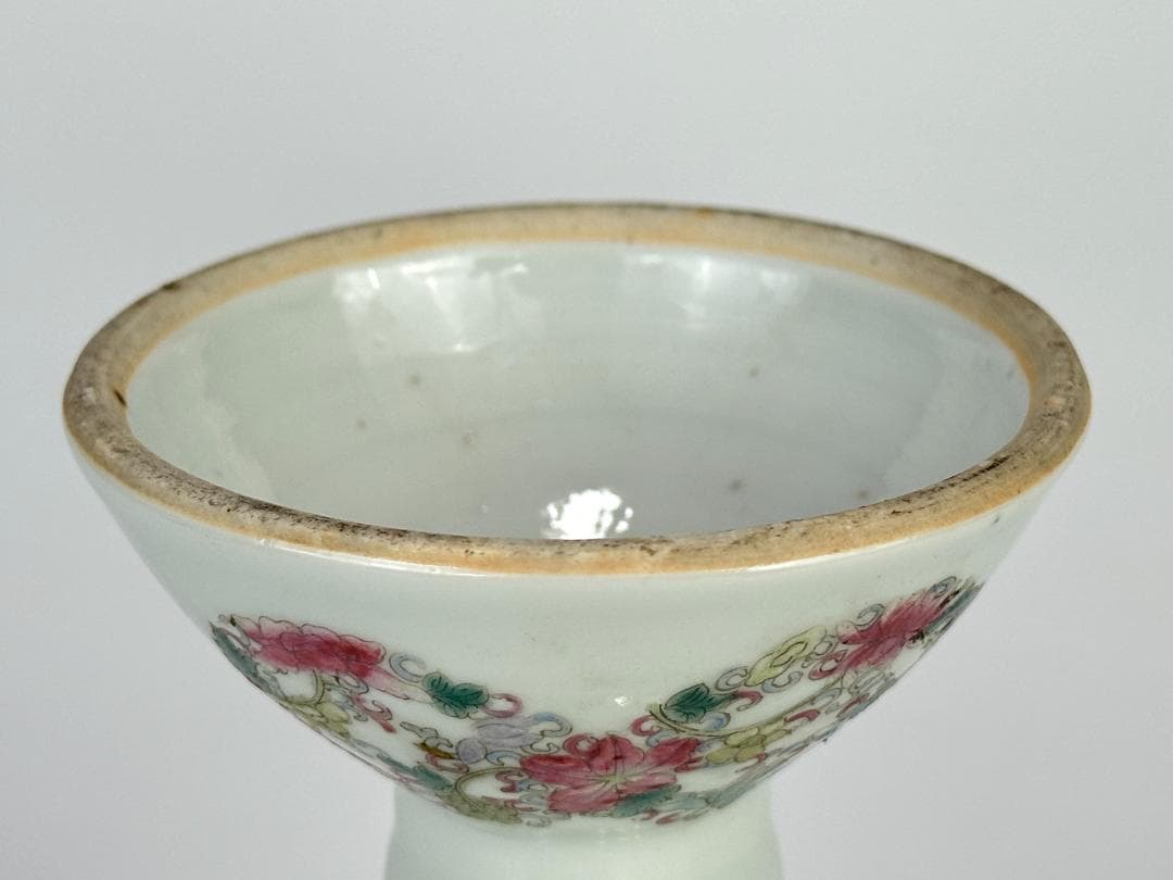 中国美術　清朝　清代　粉彩花卉文燈台　燭台　時代物　唐物　古物　旧蔵家出し