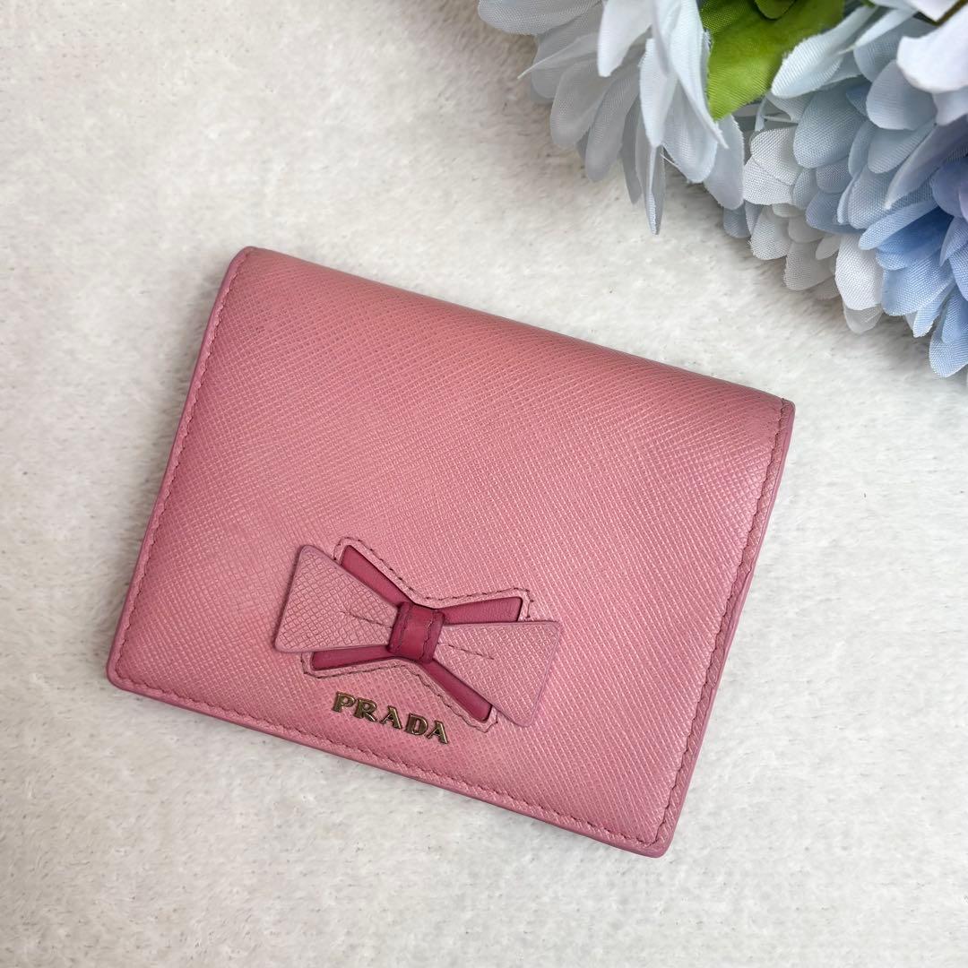 PRADA 二つ折り財布 サフィアーノレザー 本革 バイカラー ピンク リボン
