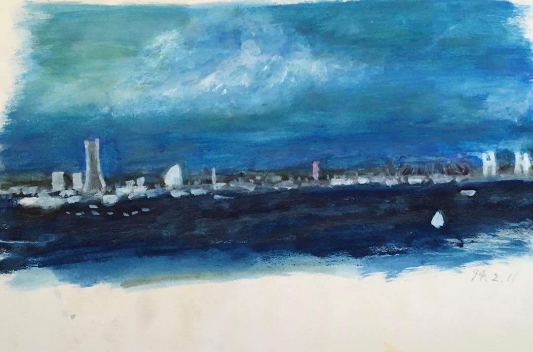 【良品】水彩　風景画　東京湾から望む横浜