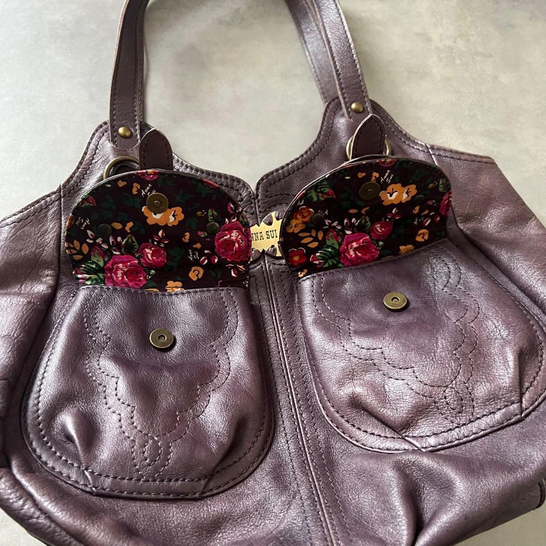 【美品】 アナスイ バタフライ レザー ハンド バッグ ANASUI パープル