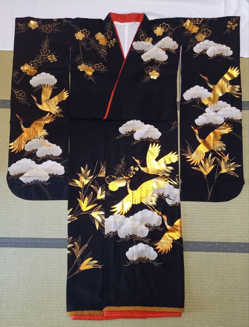 黒引き振袖 友禅作家秋山章 丸章 金彩の鶴 花嫁衣裳