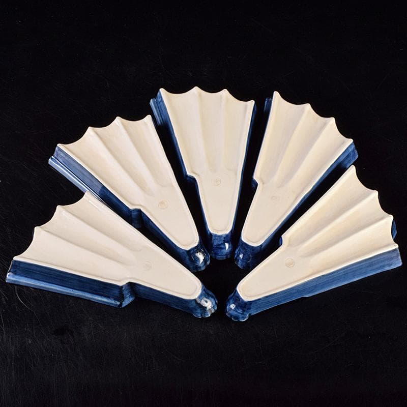 京焼　平安昭阿弥造　染付　山水文　扇面型　向付　五客　共箱　V　R9496B