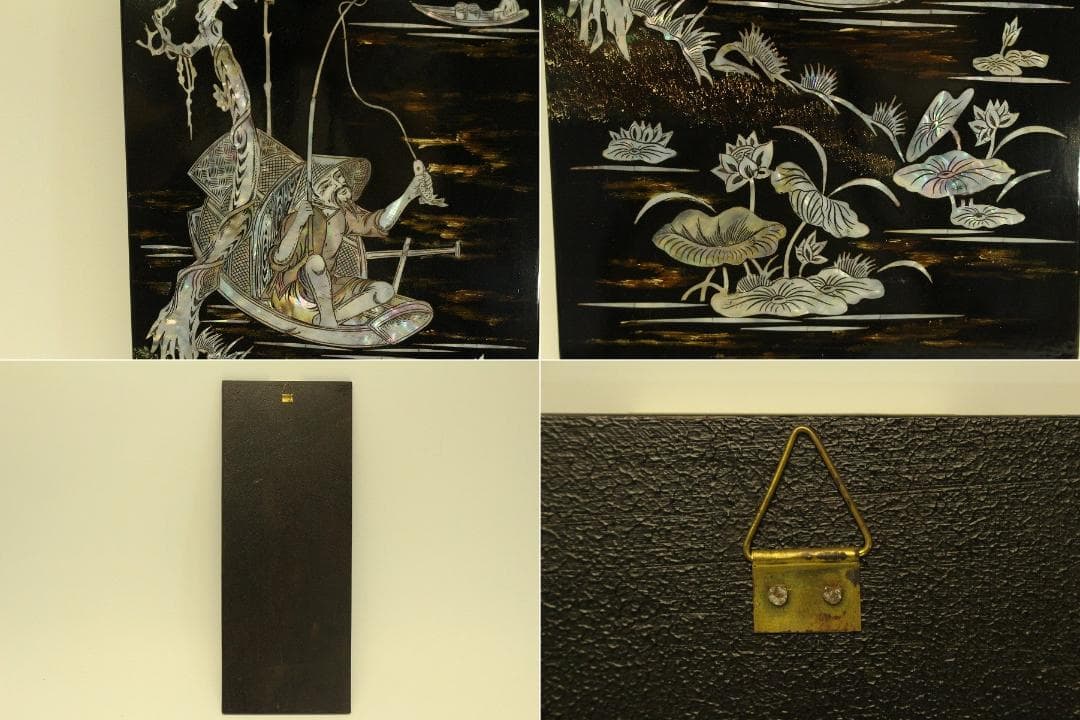 螺鈿 釣り人物 風景 飾 二枚折 置物(A973)