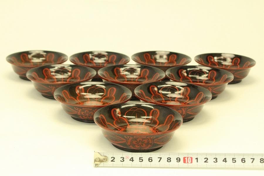 朱漆 輪花模様 小皿 十件 時代物(A733)