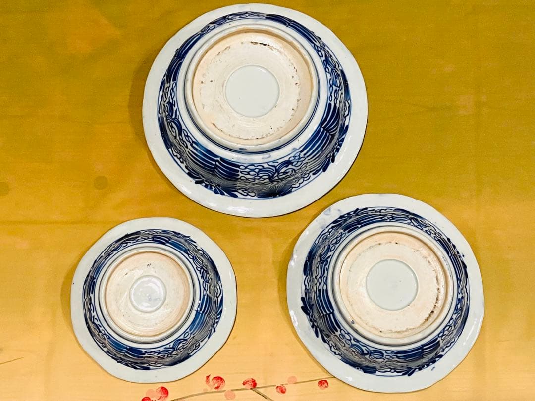 古伊万里 アンティーク 染付 三ツ揃 鉢 皿 時代物 蔵出し 骨董 ベロ藍