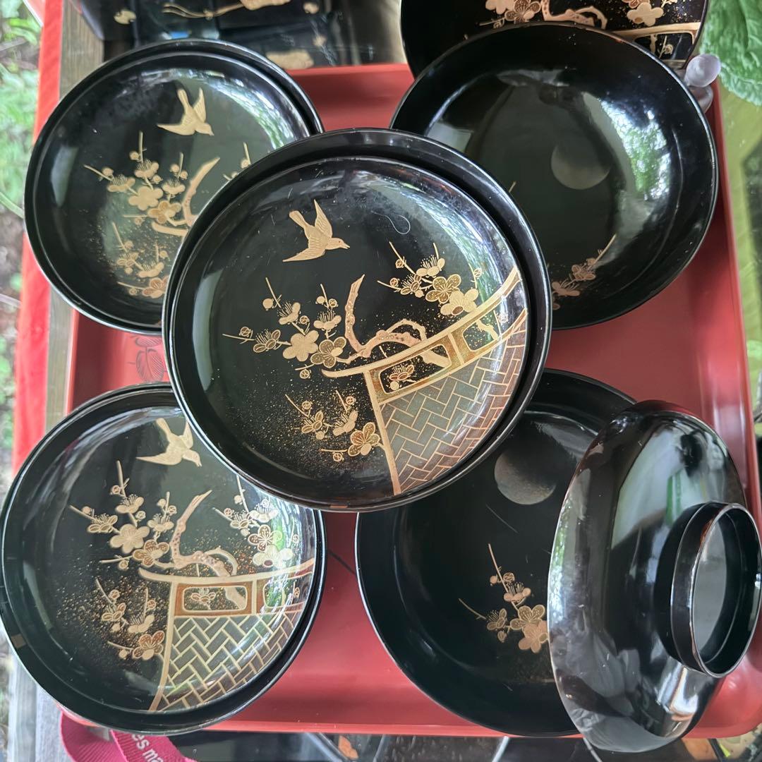 2182様感謝‼️JAPAN明治伏せ蒔絵天然木秘するが花‼️梅に鶯＆月　吸物椀 5客
