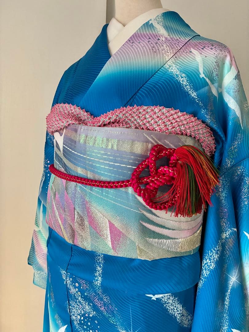 振袖一式セット　振袖/長襦袢/袋帯/他… 着丈160㎝以上　袖丈109㎝　ブルー