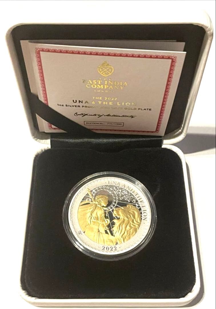 2022年　セントヘレナ　妖精の女王　ウナとライオン　1oz銀貨 金メッキ