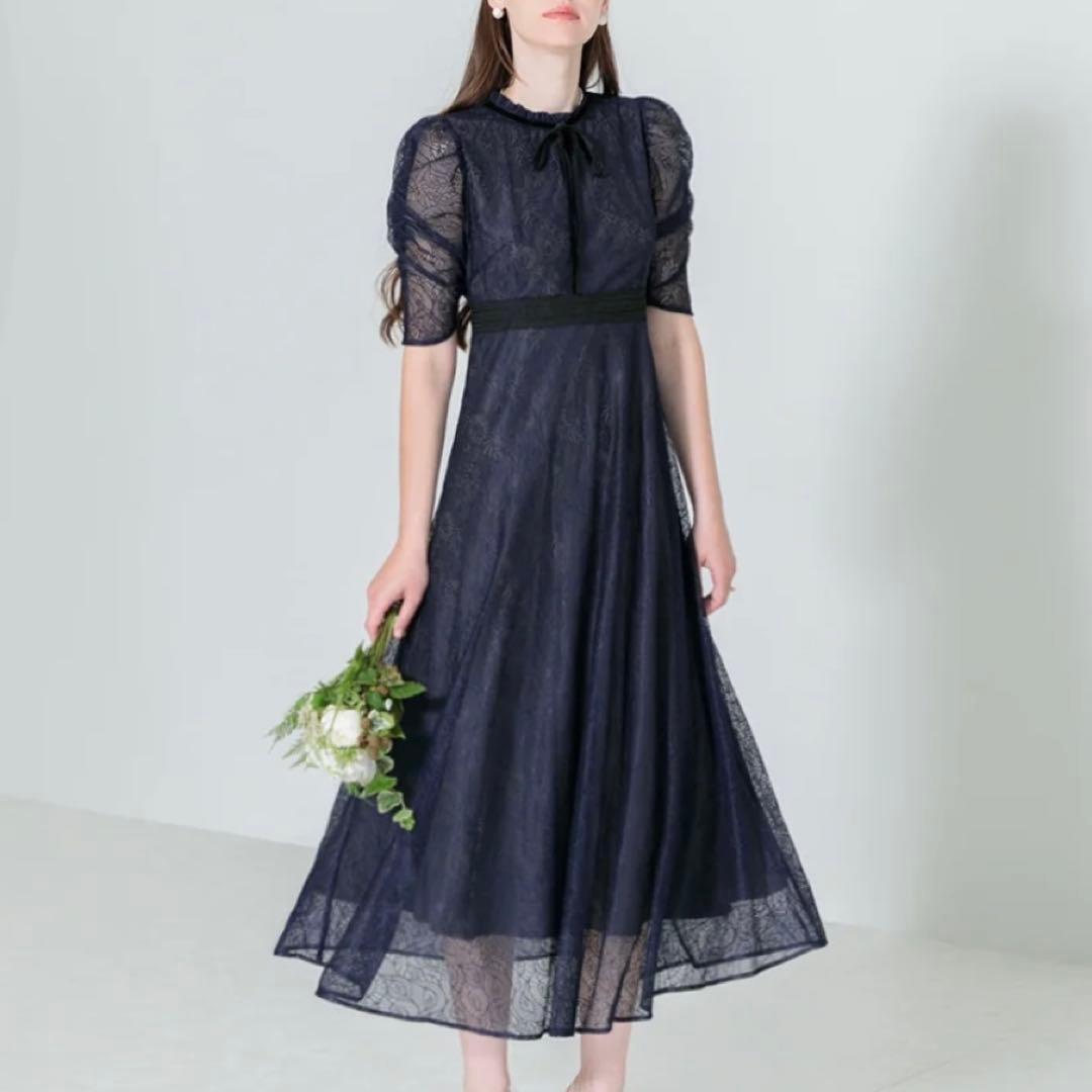 【極美品】Leja ウエストマークパフスリーブ総レースロングドレスワンピース