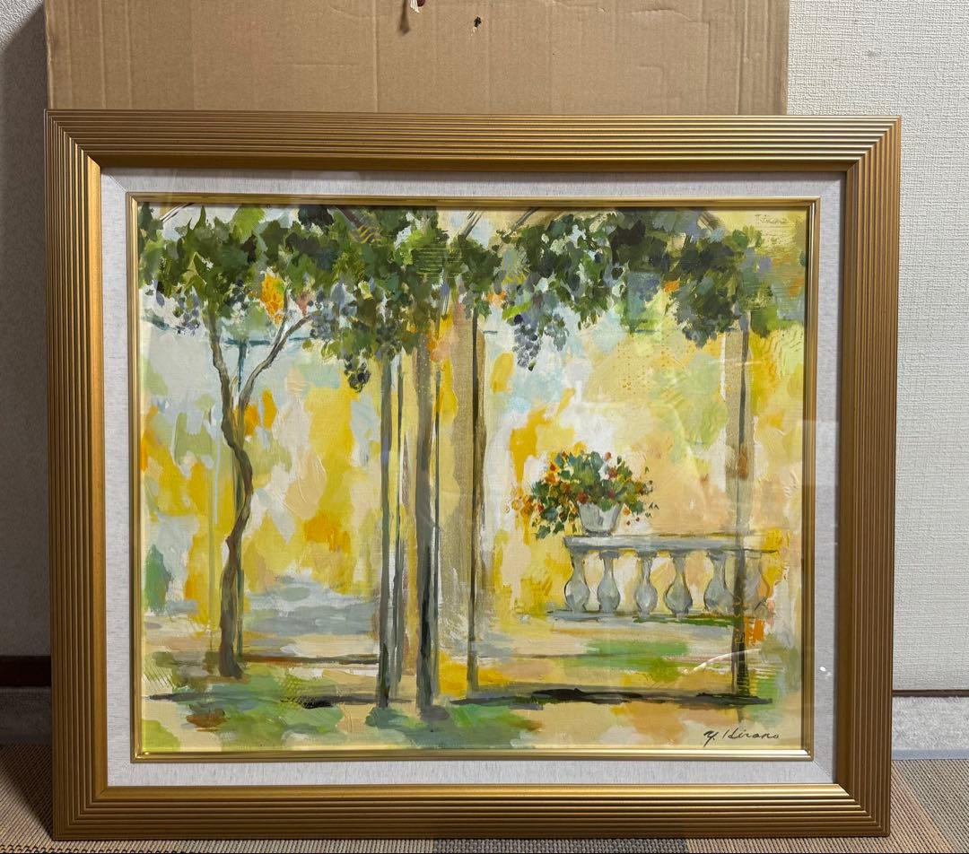 平野能子作　油彩絵　陽光のテラス　額装　示現会作品　F12号　送料込み0824