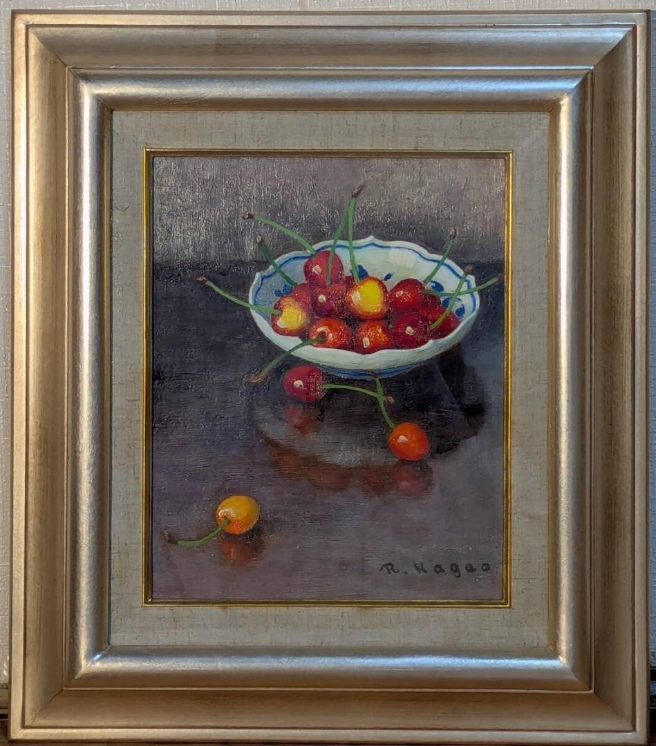 【真作】絵画　長生玲子　油彩3号　マイセン皿の桜桃　瑞々しき果実　Y112