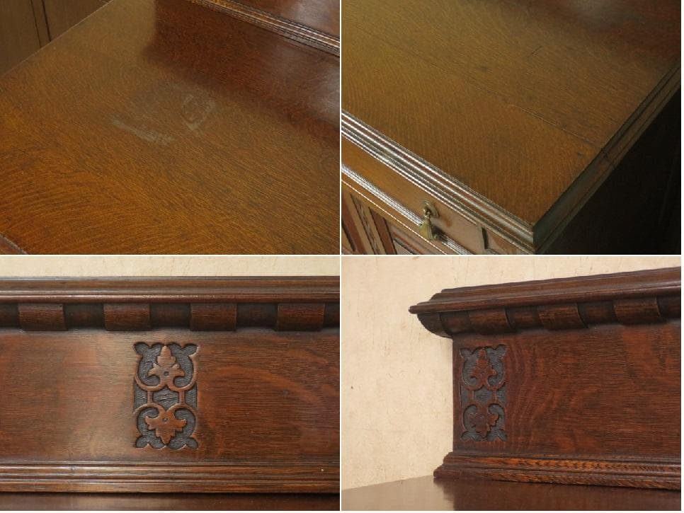 イギリス アンティーク オーク材 ブルボーズレッグ 彫刻 サイドボード 鍵付き