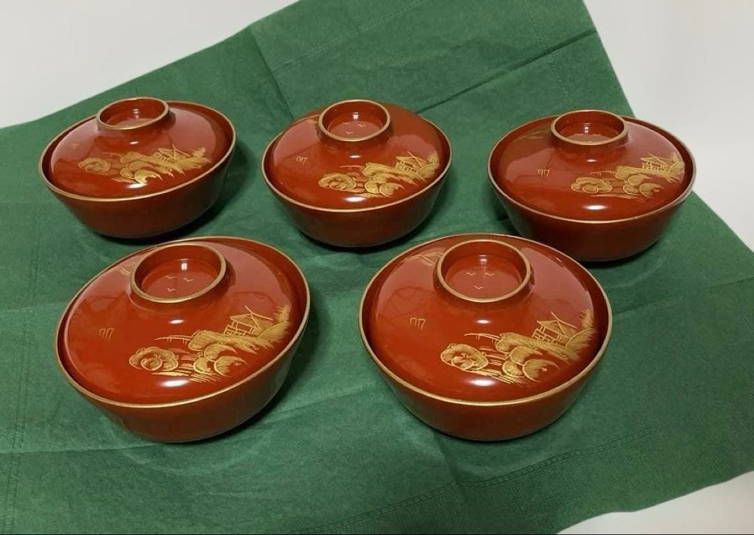 赤い漆器金彩蓋付き椀 5個セット紙箱付き