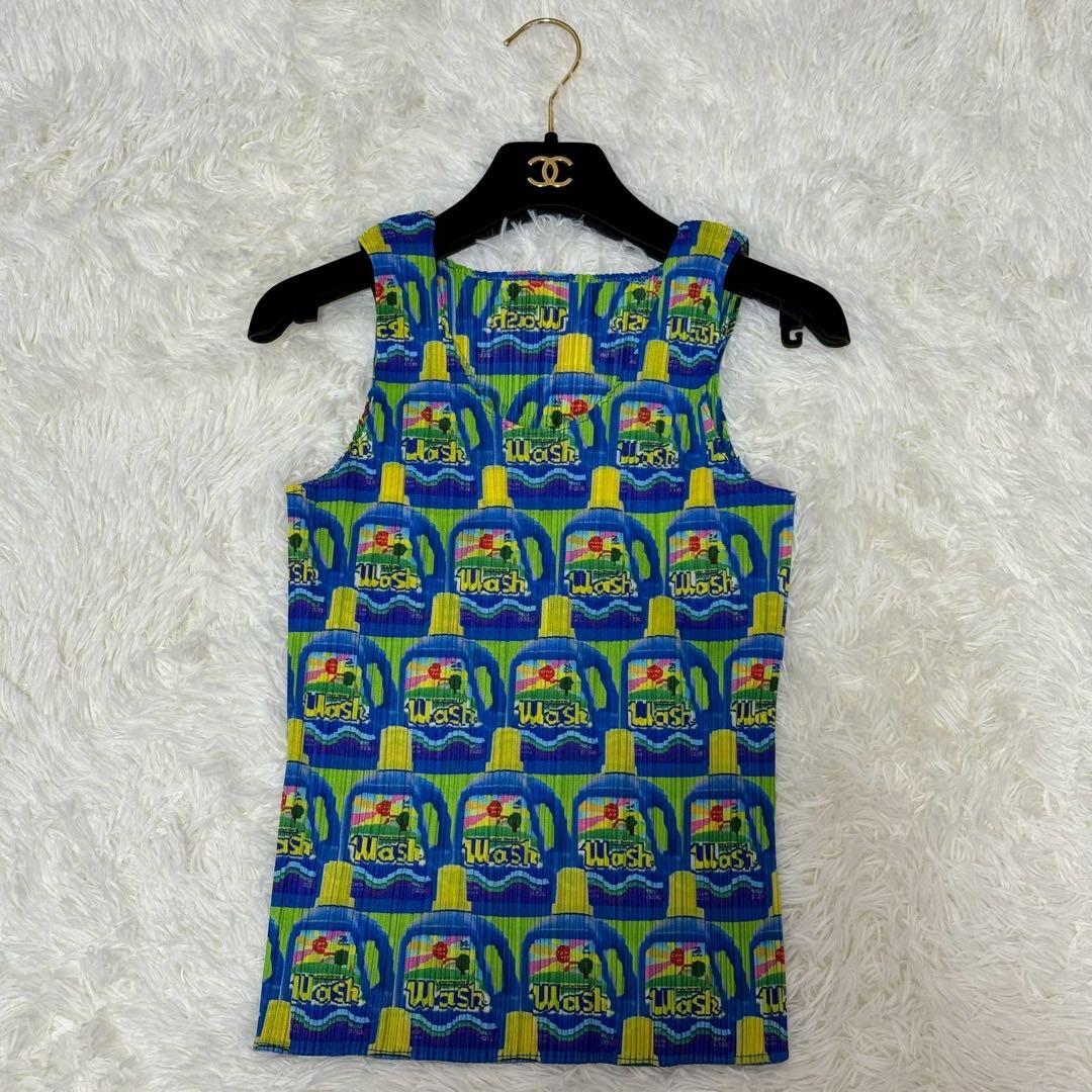 希少 プリーツプリーズ 洗剤柄 WASH ノースリーブ トップス 総柄 L相当