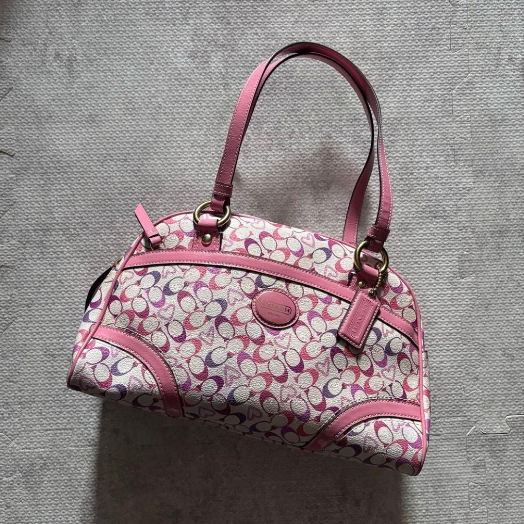 美品　COACH　コーチ　シグネチャー　Y2K ミニボストン　ピンク　ハート