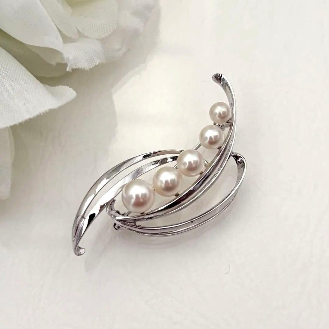 414【ミキモト】シルバー　パール　ブローチ