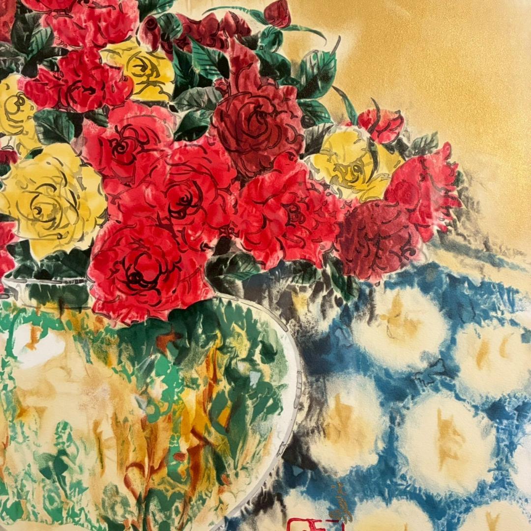 美品 前田青邨「薔薇」リトグラフ 前田すゑ承認印・証明シール・日本版画協会番号有