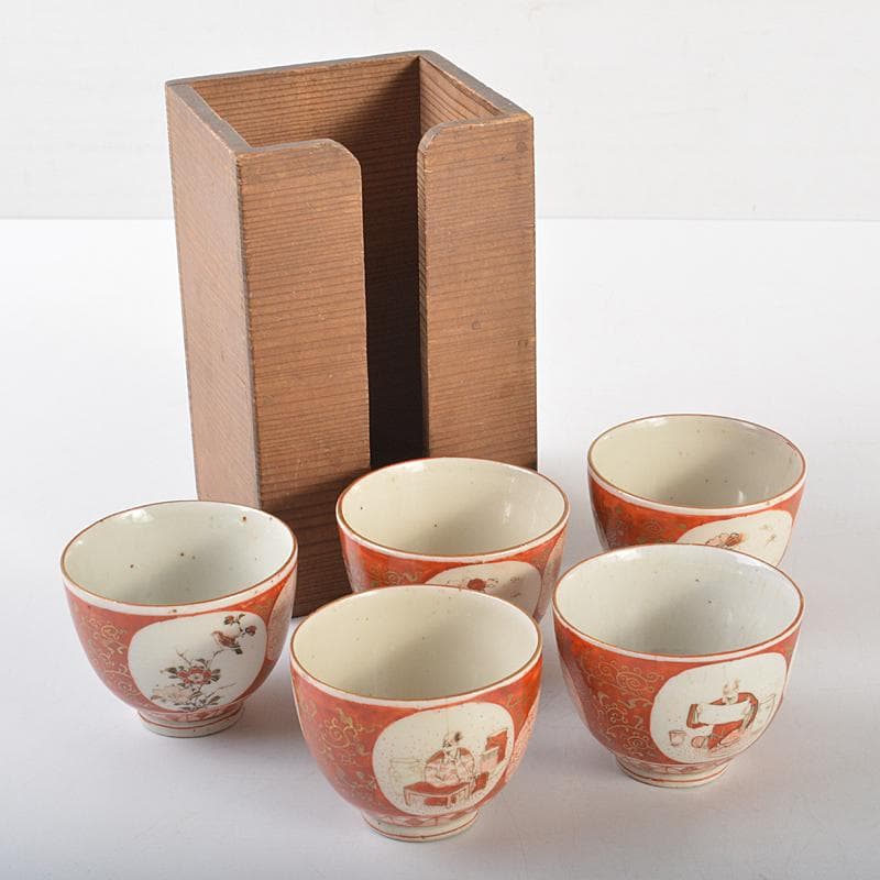 煎茶道具　九谷焼　赤絵金彩　人物花文　煎茶碗　五客　碗筒付　M　R7118