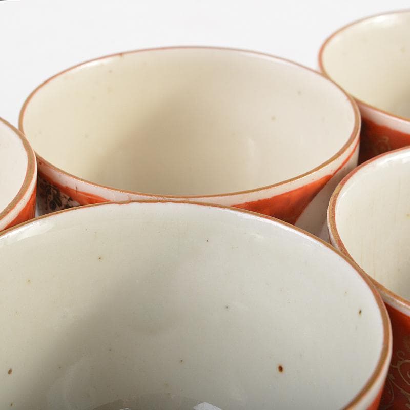 煎茶道具　九谷焼　赤絵金彩　人物花文　煎茶碗　五客　碗筒付　M　R7118