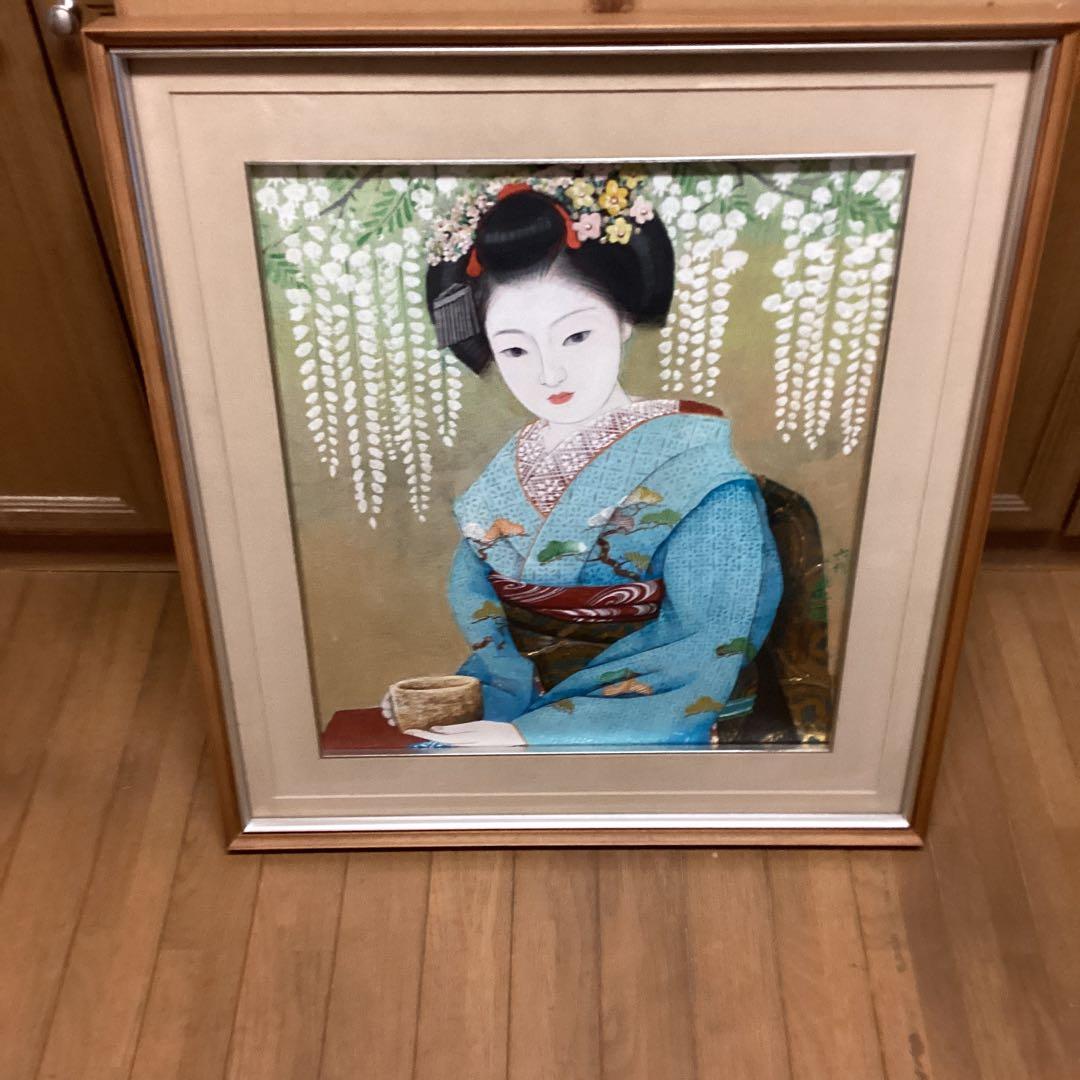 六代目歌川豊国作　　日本画板画　【　舞妓　野点茶図　】　木枠額装　手描き