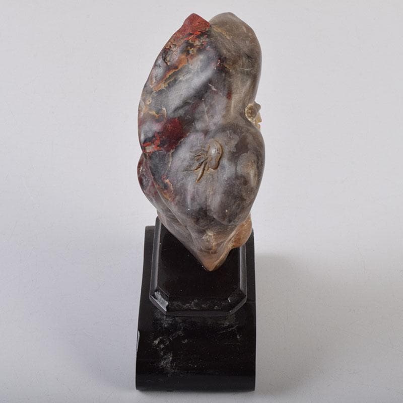 中国　玉石鶏血石彫刻　楼閣山水雕　置物　唐木台付　V　R9267