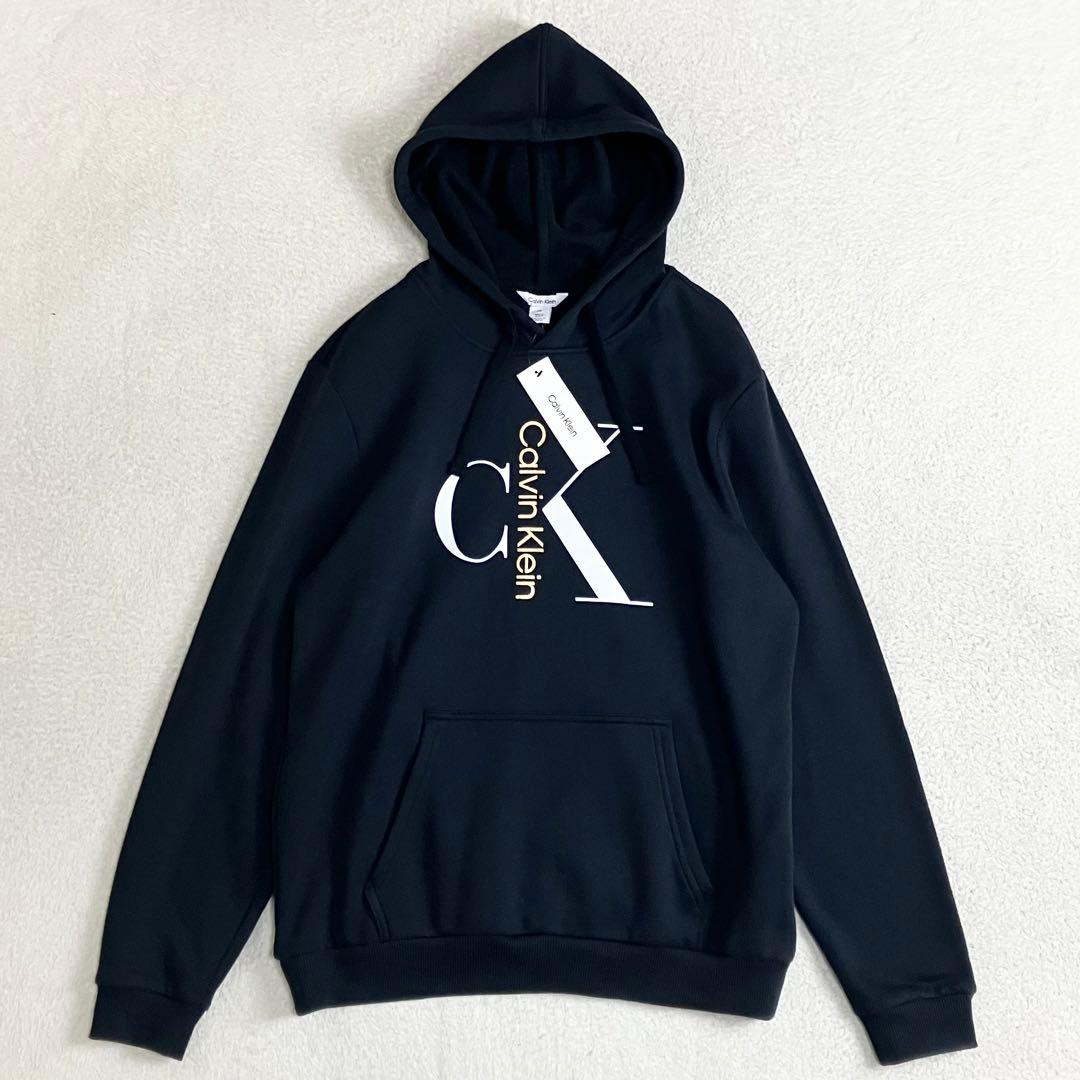 【新品タグ付】カルバンクライン　パーカー　フロントロゴ　裏起毛　L ブラック