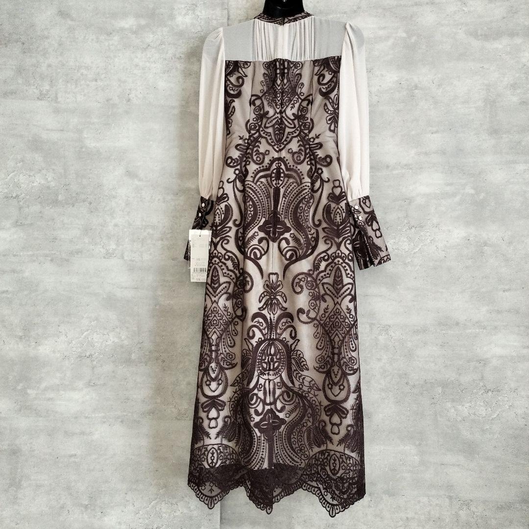 新品ANDRESDパーティードレス S ダークブラウンレースダマスクギャザー刺繍