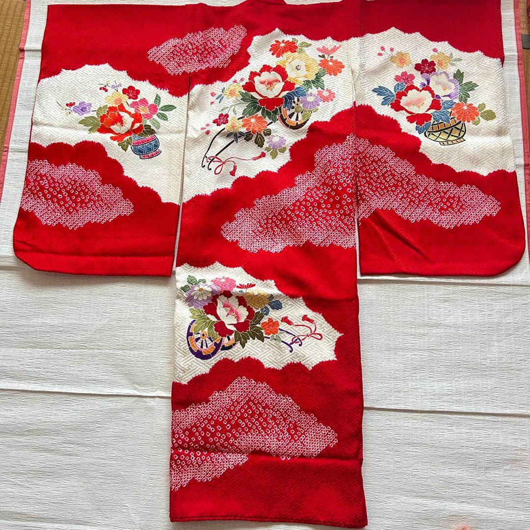 七五三 3歳 フルセット 総絞り 被布 着物 正絹 三歳 草履 巾着 753