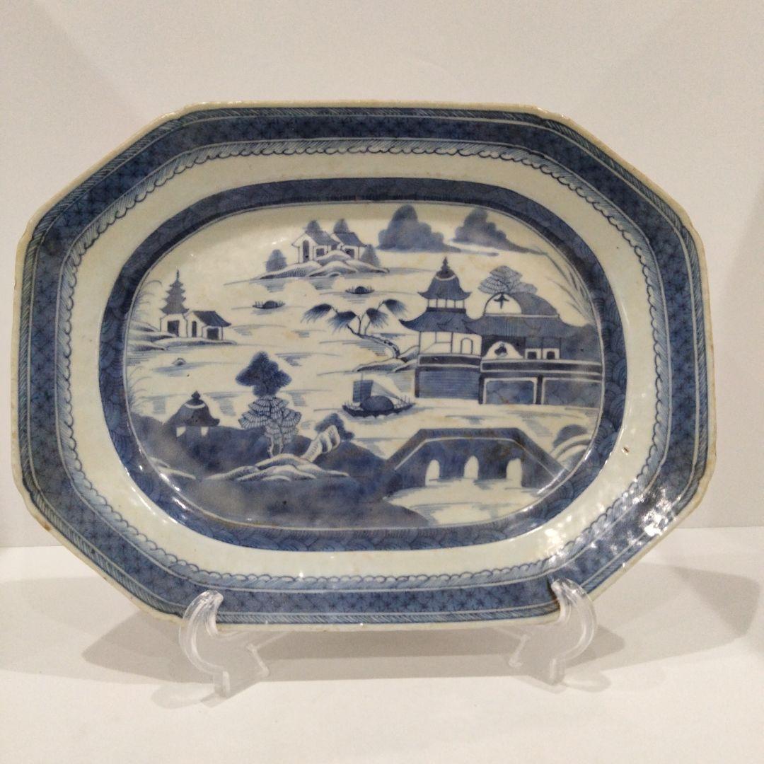 専用 m198 中国唐物 清朝古染付 新渡 南京山水風景図八角大皿