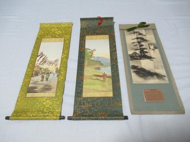 極美品 大正9年頃◆日本のお土産 大正時代 木版画 和紙 小さい掛け軸型 3点