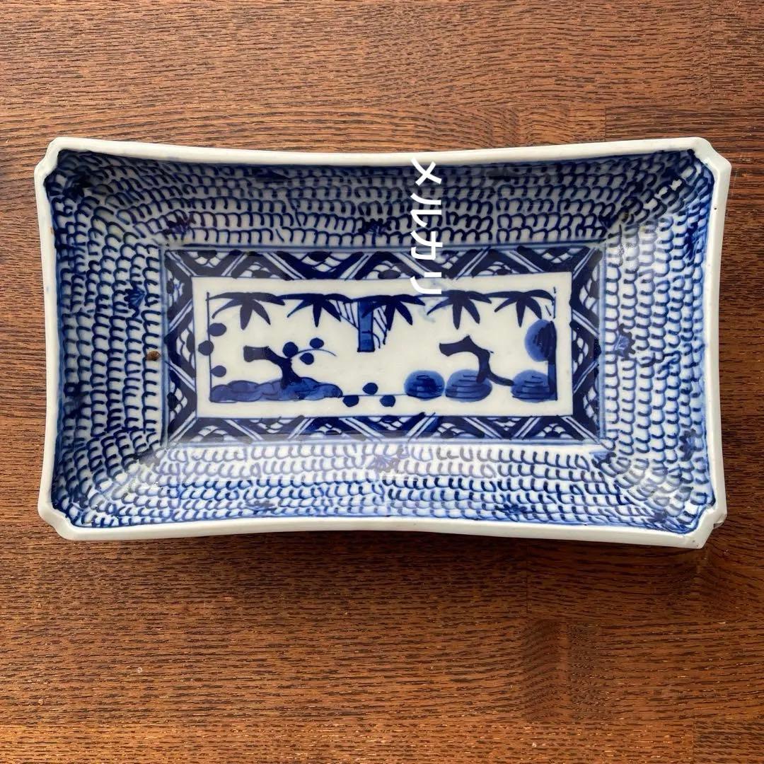 古伊万里染付　微塵唐草　松竹梅　五客揃　長皿5客　骨董アンティーク　隅入角皿
