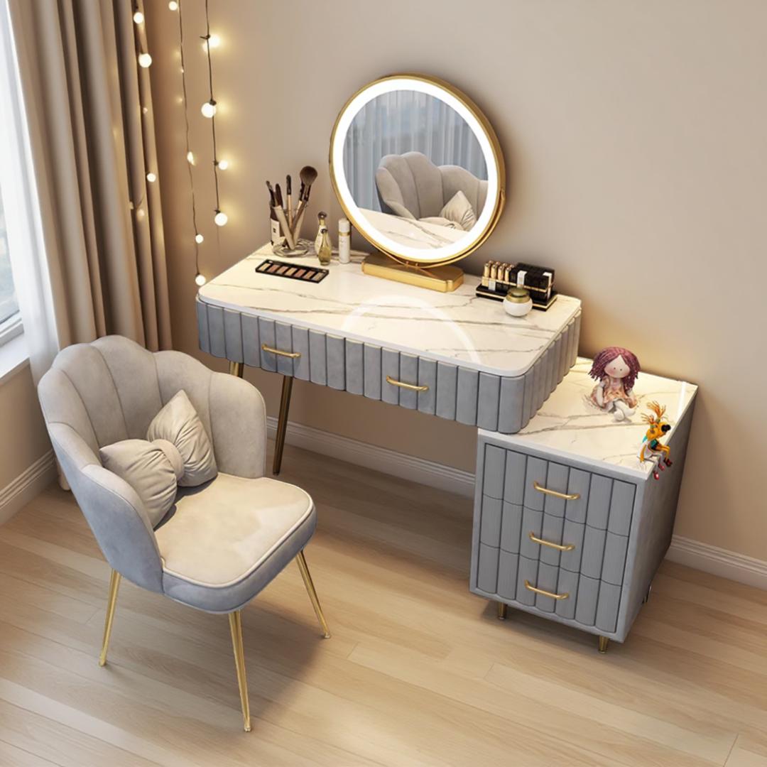 訳あり品　写真をご確認グレーのマーブル調ドレッサー80cm 108-06