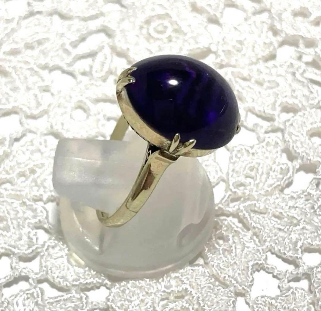 k14WG アメジストカボション リング 千本透かし レトロ