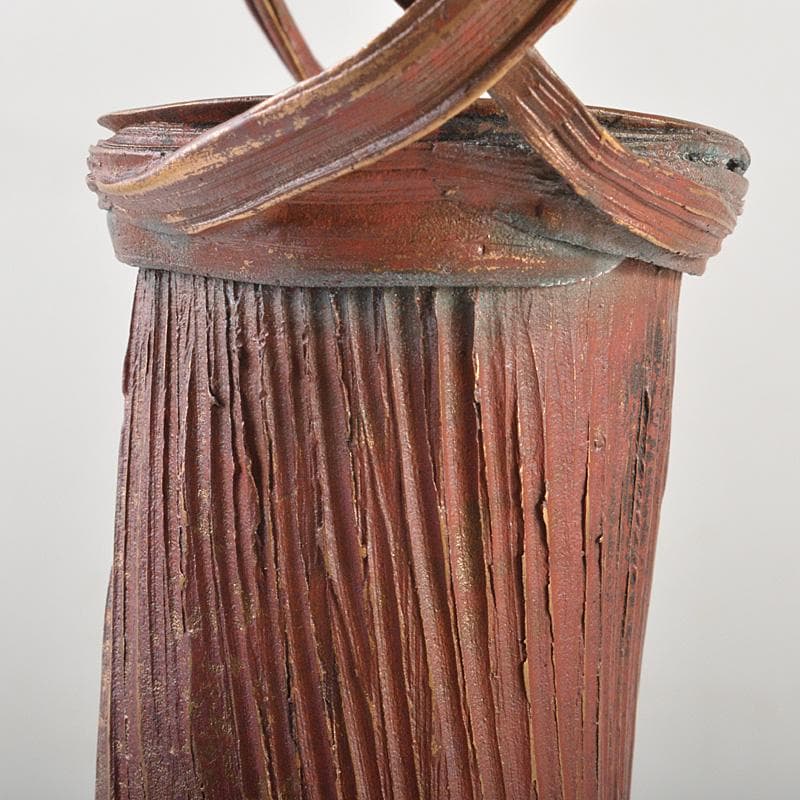 高岡銅器　須賀正紀造　蝋型鋳銅　素文耳付花生　花器　共布共箱　C　R7485